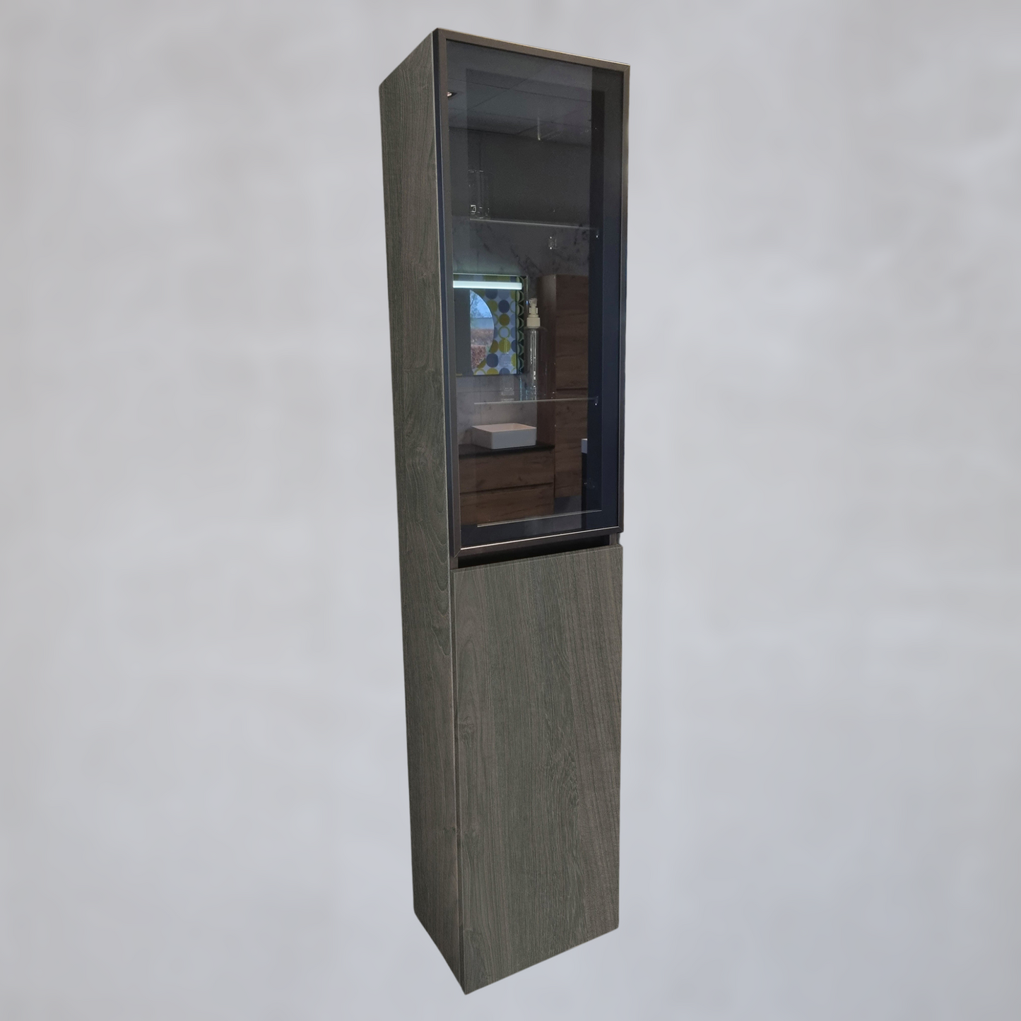 Bad Hochschrank mit Holz- und Glastür