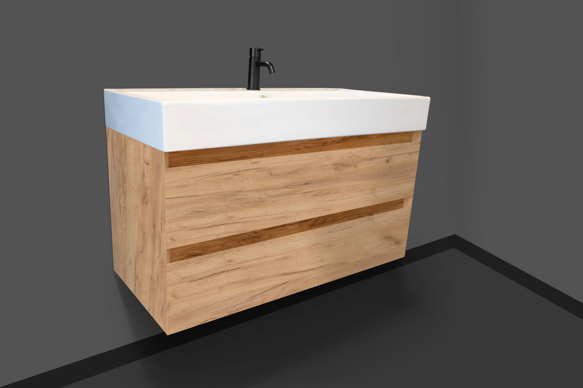 Quadro Waschtisch inkl. Unterschrank mit 45° Gehrung Holzgriffleiste - isaak-home.de